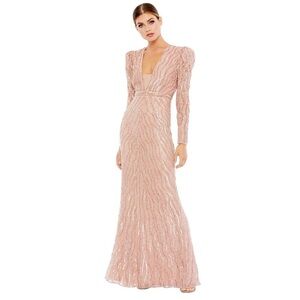 Mac Duggal Beaded Puff  Sleeve Trumpet Evening Gown Mocha Color Size 12 EUC